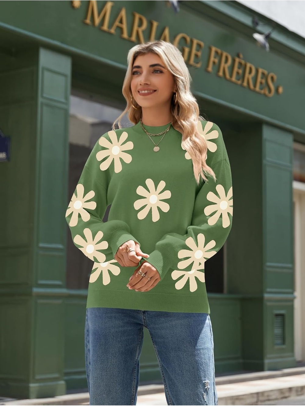 zeagoo Green Daisy Mock Neck Sweater with White Floral Motifs